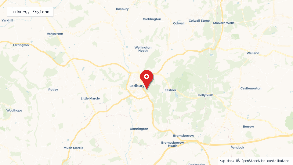 Street map of Ledbury, England with location pin