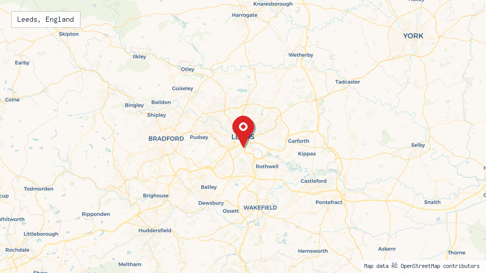 Street map of Leeds, England with location pin