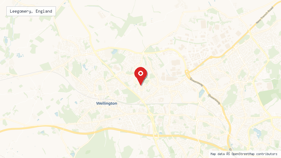 Street map of Leegomery, England with location pin