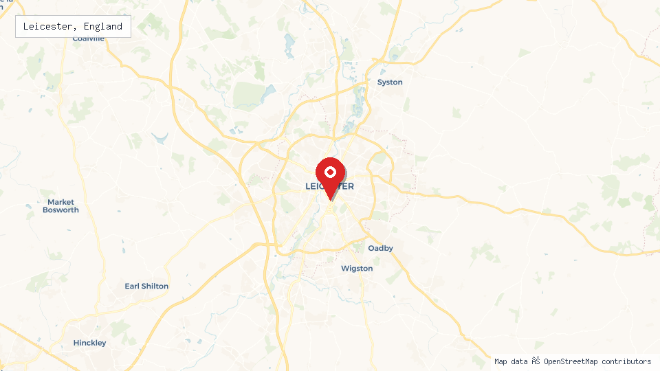 Street map of Leicester, England with location pin