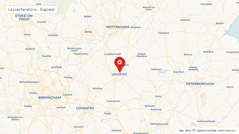 Street map of Leicestershire, England with location pin
