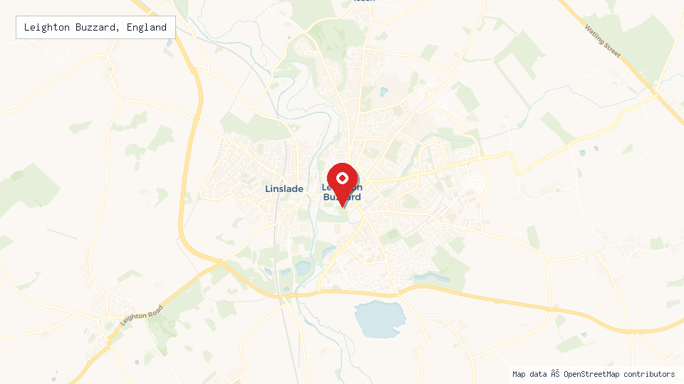 Street map of Leighton Buzzard, England with location pin