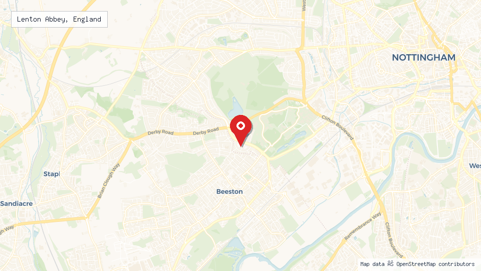 Street map of Lenton Abbey, England with location pin