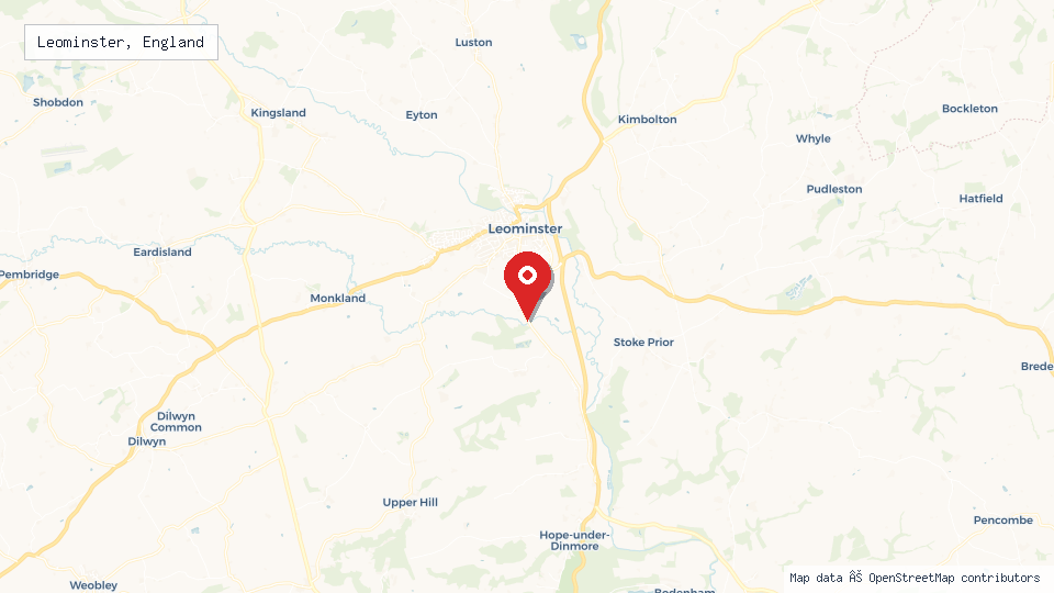 Street map of Leominster, England with location pin