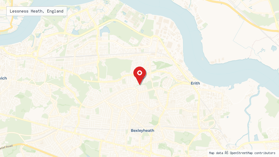 Street map of Lessness Heath, England with location pin