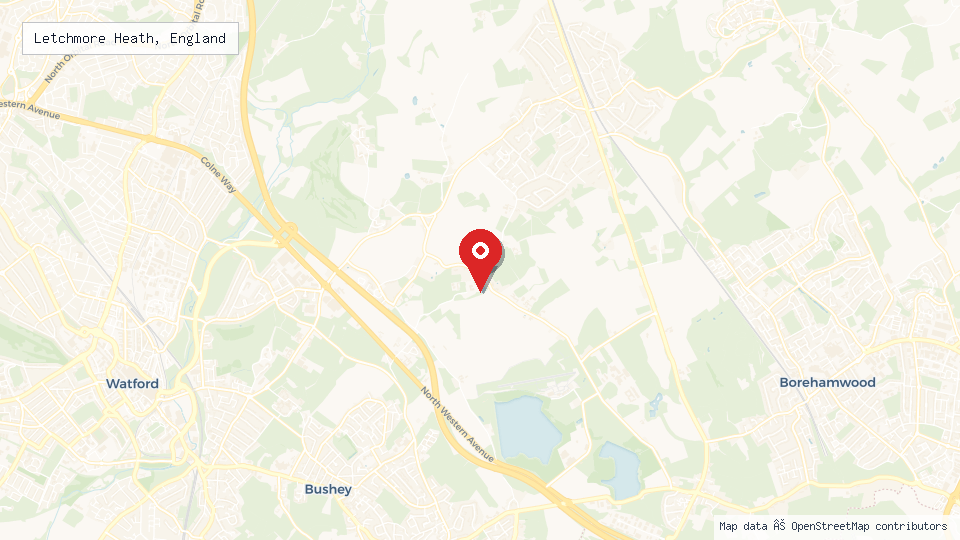 Street map of Letchmore Heath, England with location pin