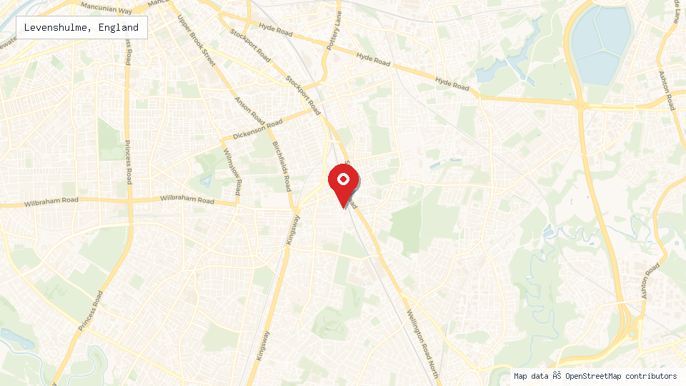 Street map of Levenshulme, England with location pin