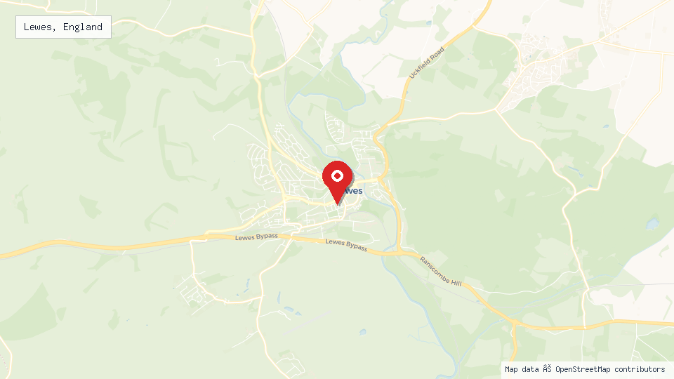Street map of Lewes, England with location pin