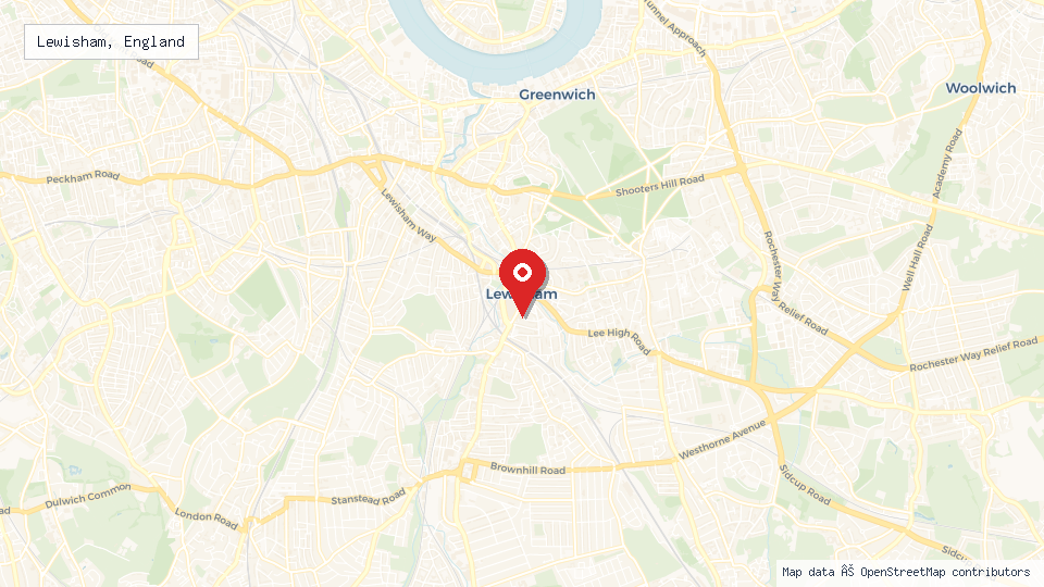 Street map of Lewisham, England with location pin