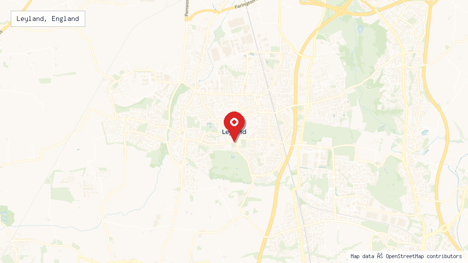 Street map of Leyland, England with location pin
