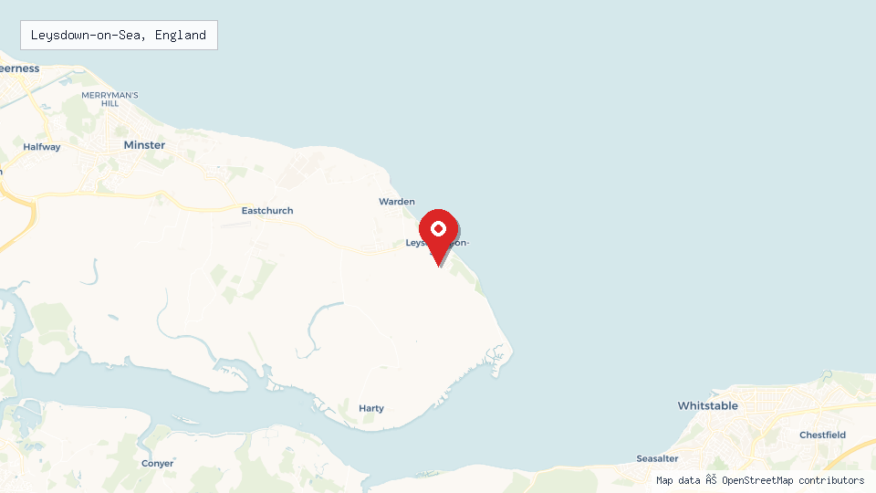 Street map of Leysdown-on-Sea, England with location pin
