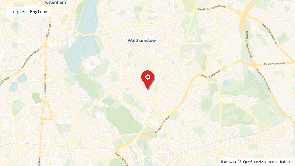 Street map of Leyton, England with location pin
