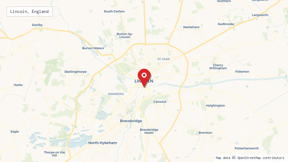 Street map of Lincoln, England with location pin