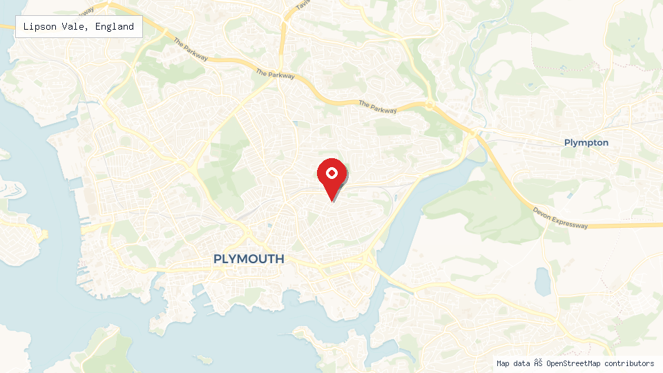 Street map of Lipson Vale, England with location pin
