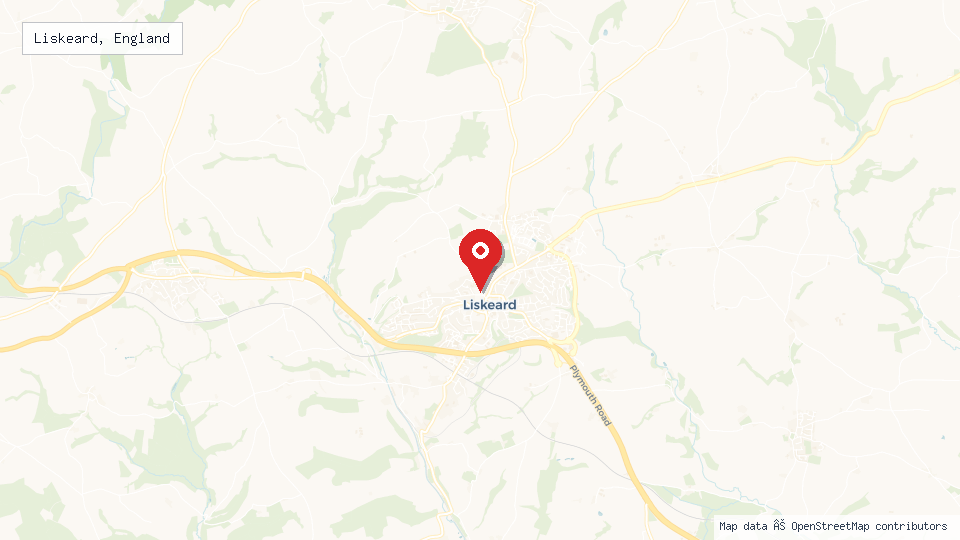 Street map of Liskeard, England with location pin