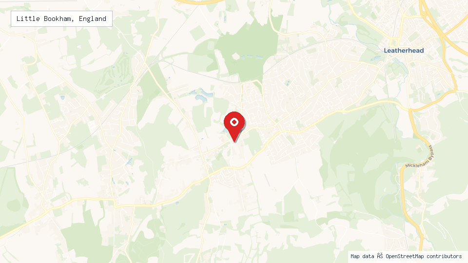 Street map of Little Bookham, England with location pin