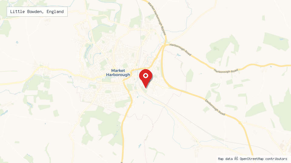Street map of Little Bowden, England with location pin