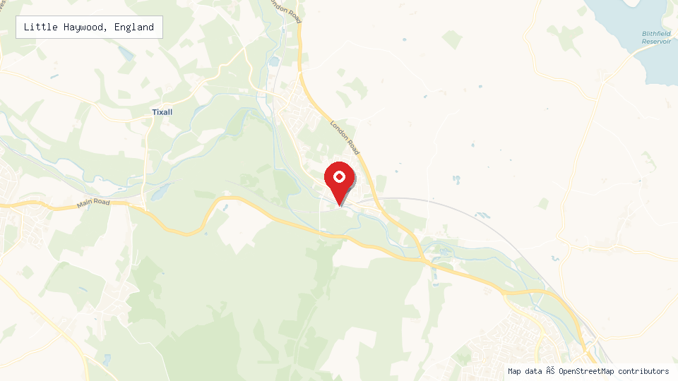 Street map of Little Haywood, England with location pin