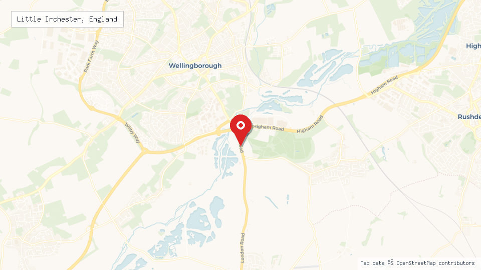 Street map of Little Irchester, England with location pin