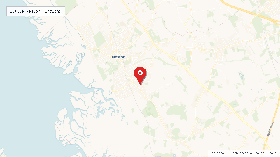Street map of Little Neston, England with location pin