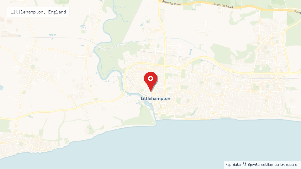Street map of Littlehampton, England with location pin