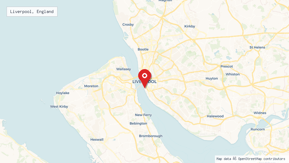 Street map of Liverpool, England with location pin