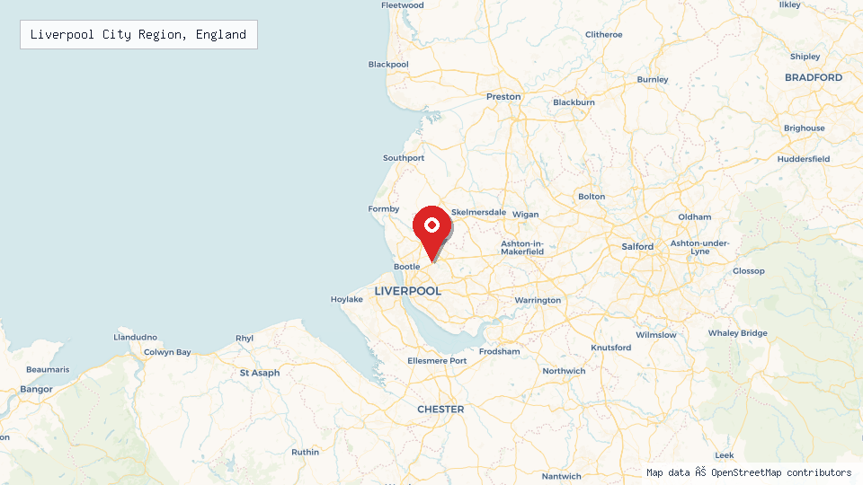 Street map of Liverpool City Region, England with location pin