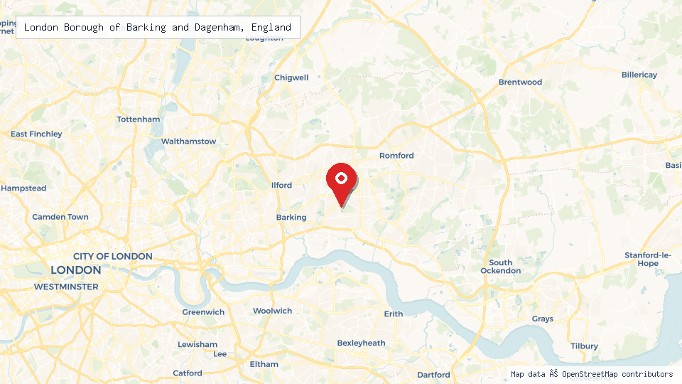 Street map of London Borough of Barking and Dagenham, England with location pin