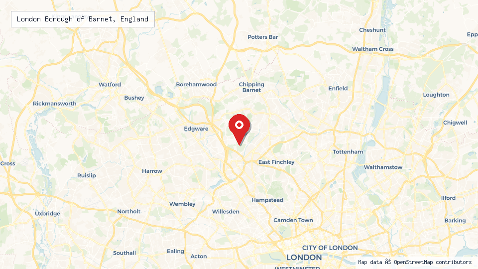 Street map of London Borough of Barnet, England with location pin