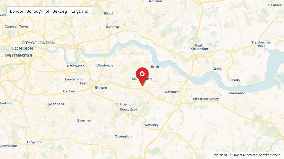 Street map of London Borough of Bexley, England with location pin