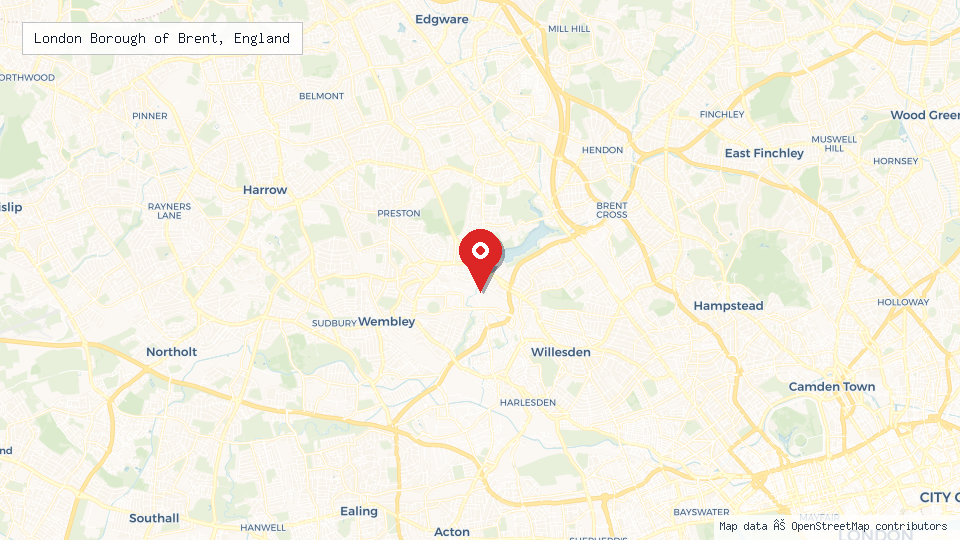 Street map of London Borough of Brent, England with location pin