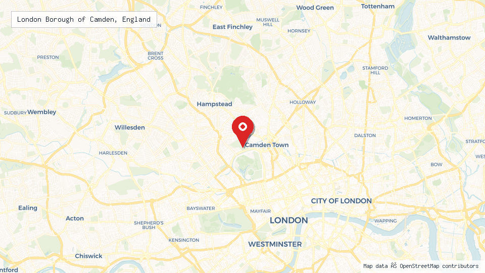 Street map of London Borough of Camden, England with location pin