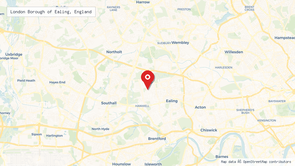 Street map of London Borough of Ealing, England with location pin