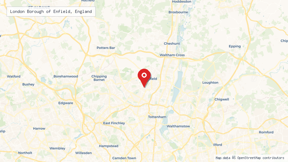 Street map of London Borough of Enfield, England with location pin