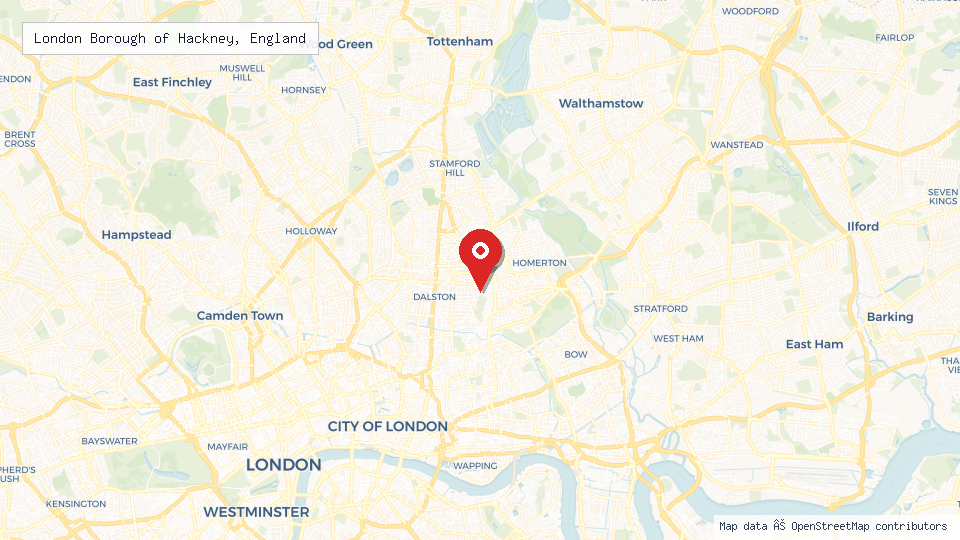 Street map of London Borough of Hackney, England with location pin