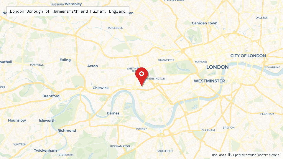 Street map of London Borough of Hammersmith and Fulham, England with location pin