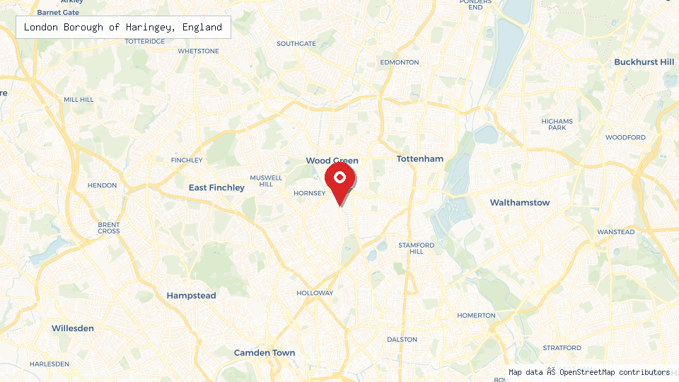 Street map of London Borough of Haringey, England with location pin