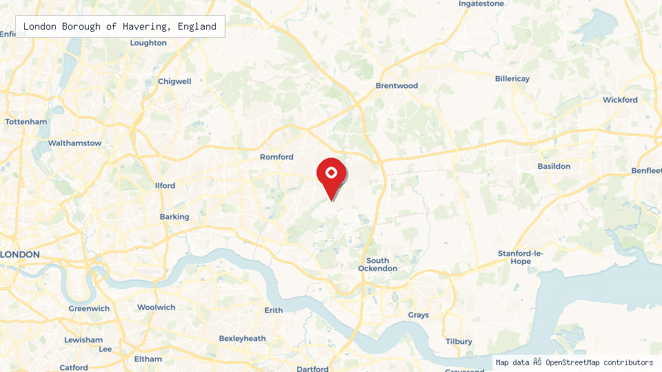 Street map of London Borough of Havering, England with location pin