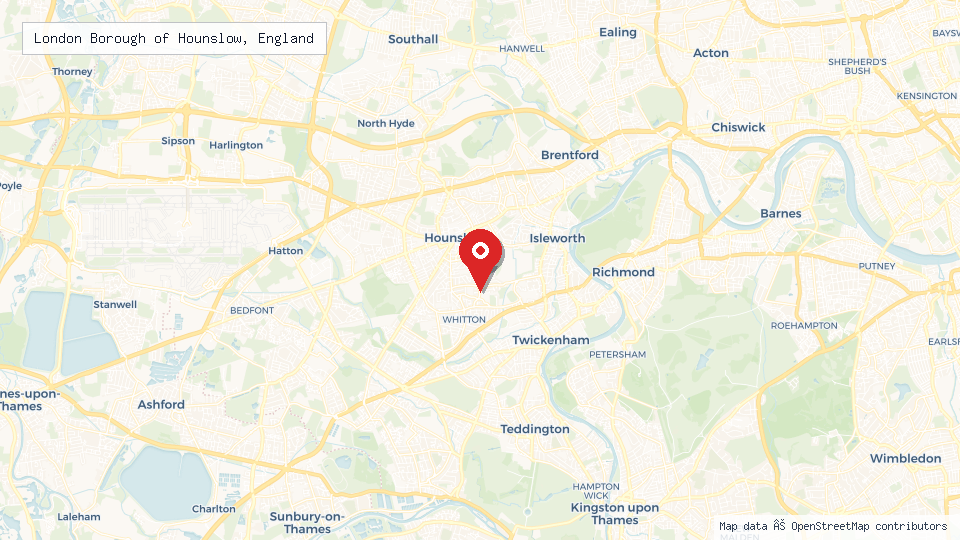 Street map of London Borough of Hounslow, England with location pin