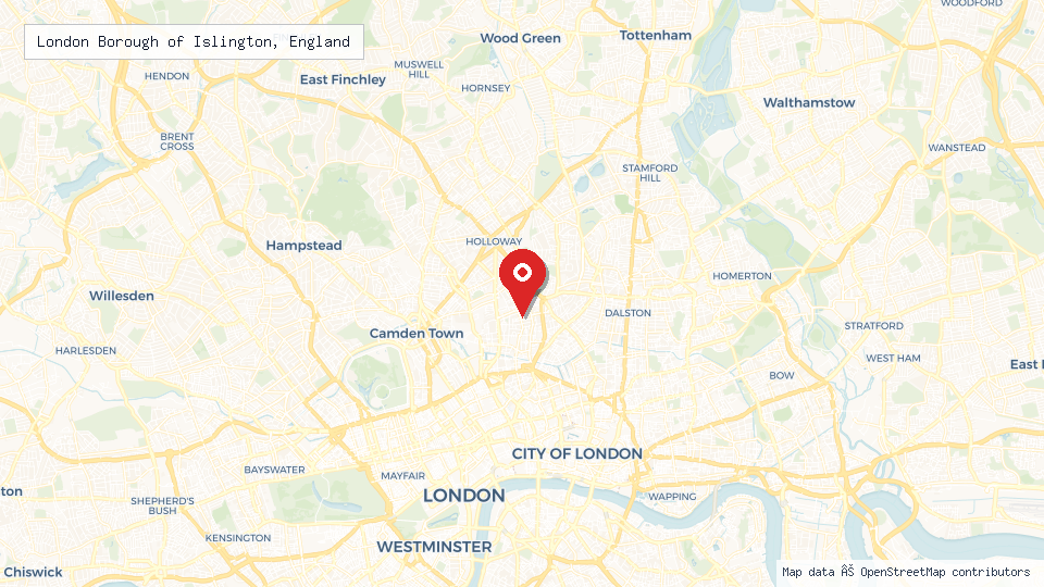 Street map of London Borough of Islington, England with location pin