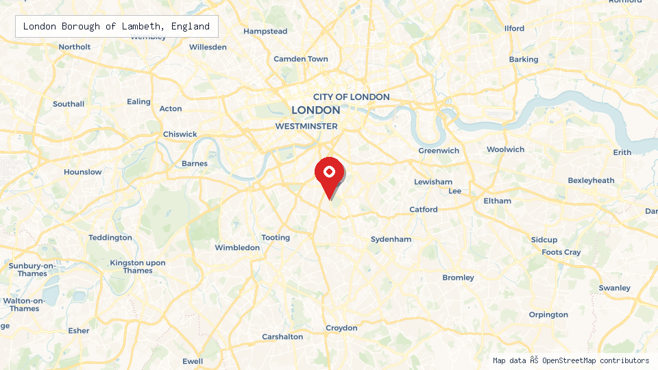 Street map of London Borough of Lambeth, England with location pin