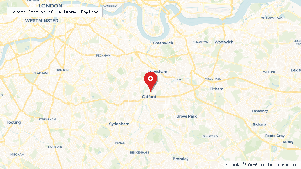Street map of London Borough of Lewisham, England with location pin