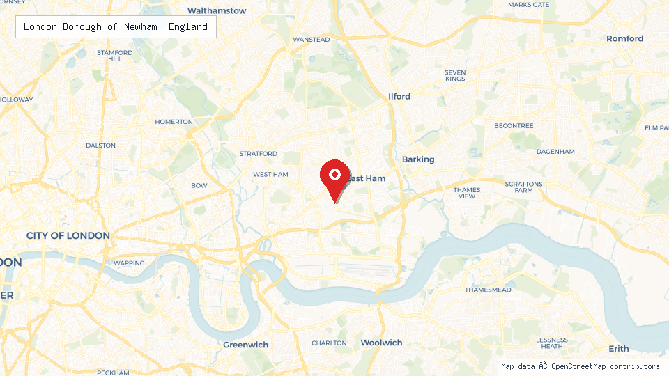 Street map of London Borough of Newham, England with location pin