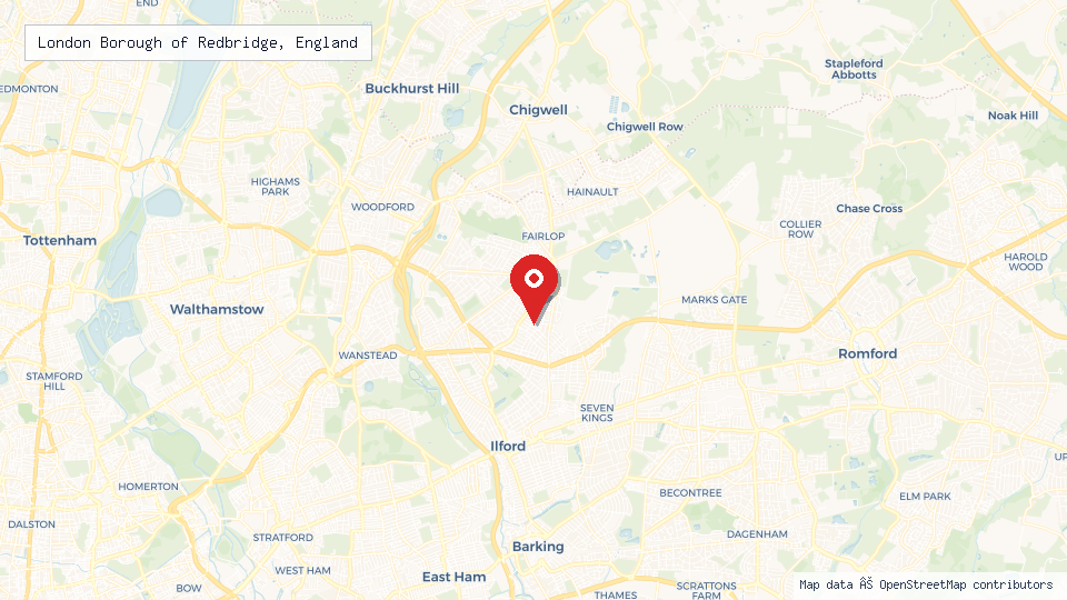 Street map of London Borough of Redbridge, England with location pin