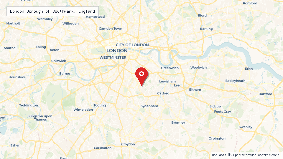 Street map of London Borough of Southwark, England with location pin