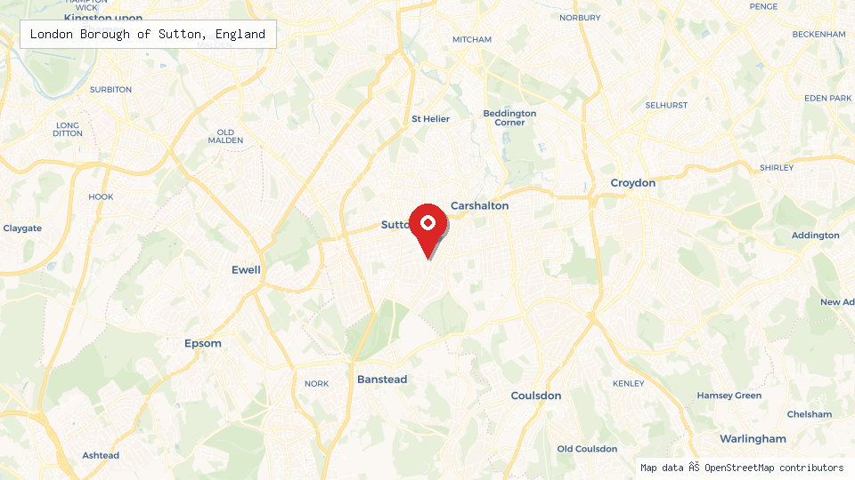 Street map of London Borough of Sutton, England with location pin