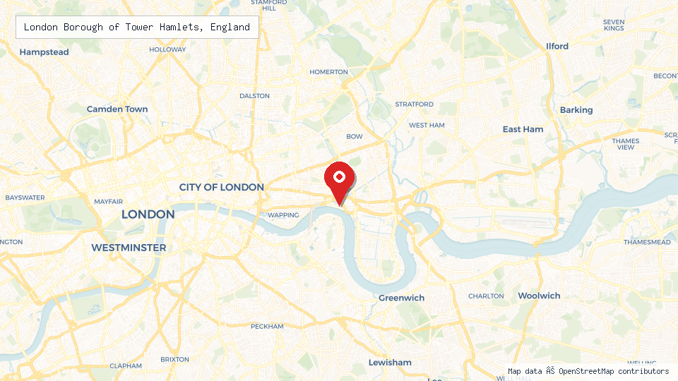Street map of London Borough of Tower Hamlets, England with location pin
