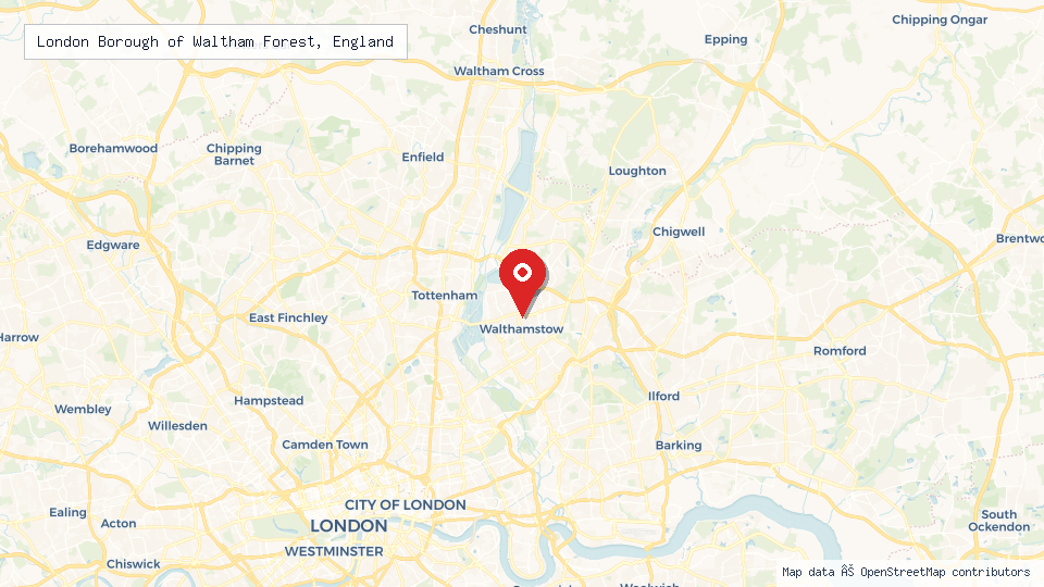 Street map of London Borough of Waltham Forest, England with location pin