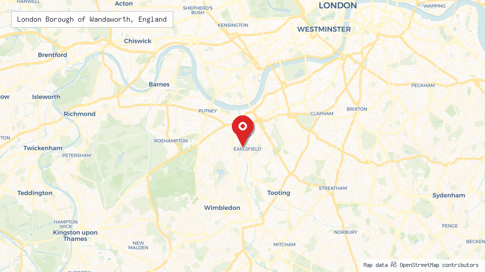 Street map of London Borough of Wandsworth, England with location pin