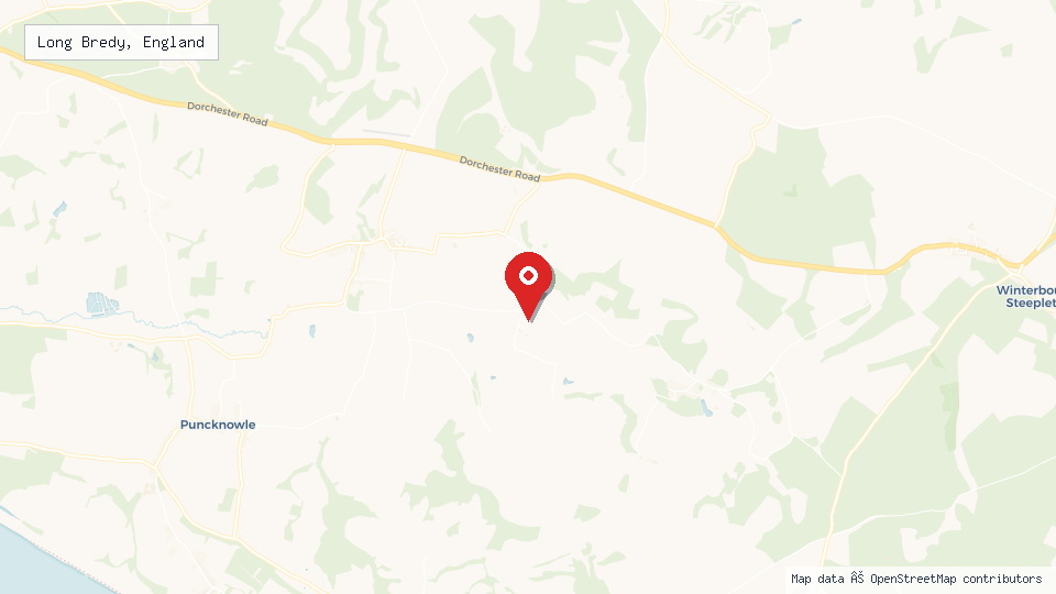 Street map of Long Bredy, England with location pin